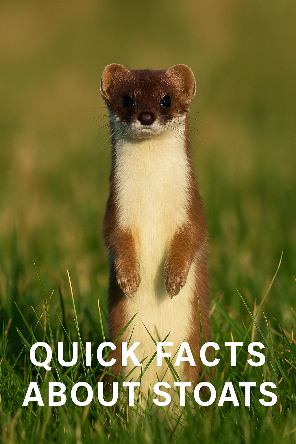 A stoat standing upright in green grass, with reddish-brown fur and white chest — perfect camouflage for summer months